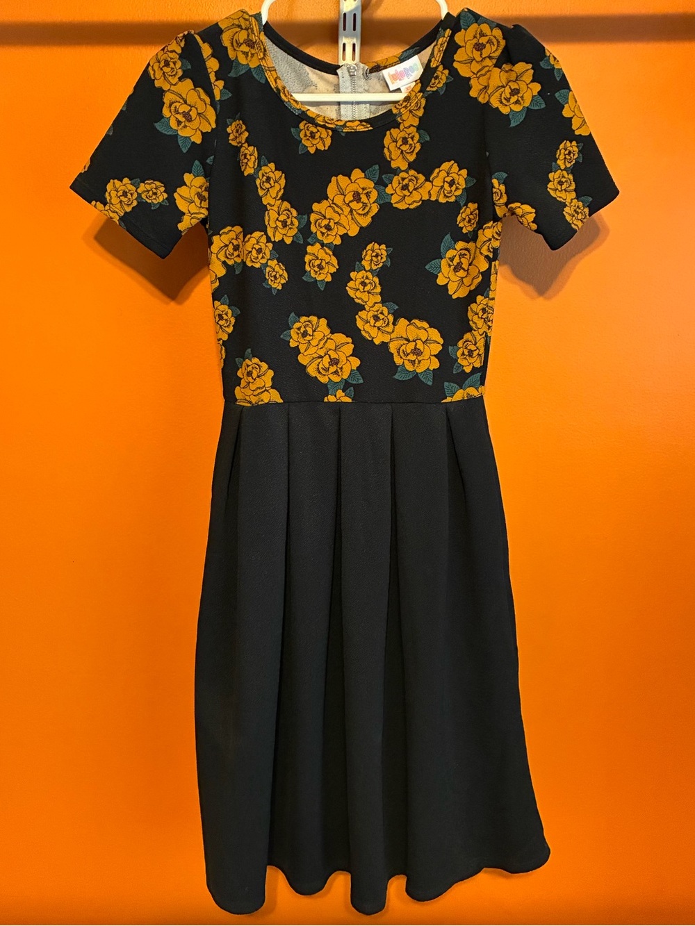 LuLaRoe Black and Mustard Yellow Skater Dress with Vintage Floral Print